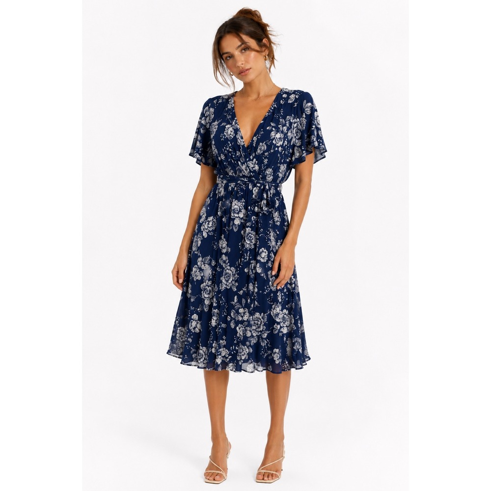 Fortune+Ivy Wrap Dress Womens 1X Blue Floral Flutter Sleeve V-Neck Casual Boho